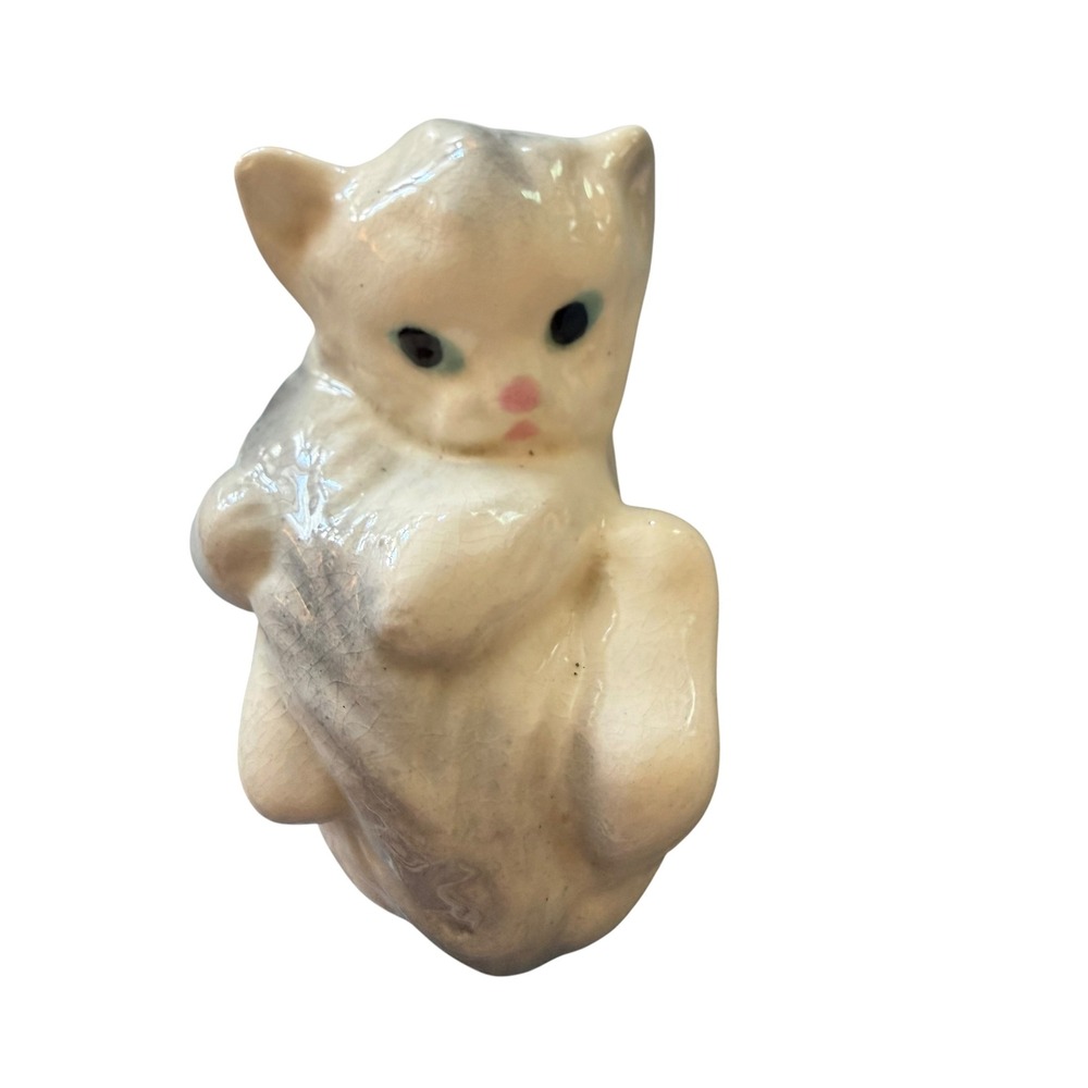 Vintage Japan Ceramic Kitten Figurine Playful White Grey Cat Blue Eyes Crazing